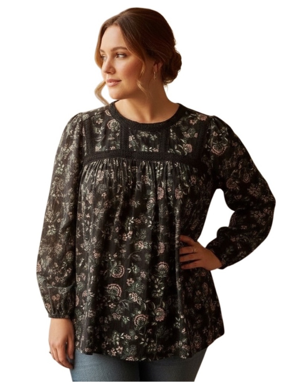 EUC Cotton Top With Lace & Embroidered Detail, 2X